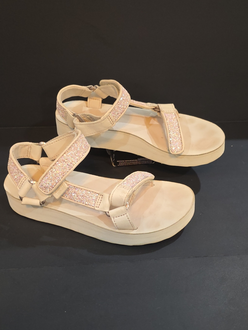 Teva Women's Sparkle Strap Platform Sandals in Light Beige with Pink Glitter Siz